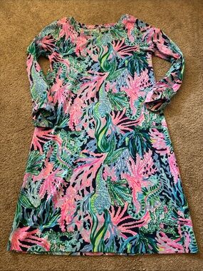 Lilly Pulitzer Marlowe Lets Cha Cha Pink Blue Seahorse Knit Dress XXS
